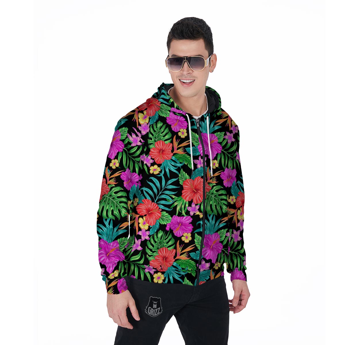 Tropical Hibiscus Floral Hawaiian Print Men's Zip Up Hoodie-grizzshop