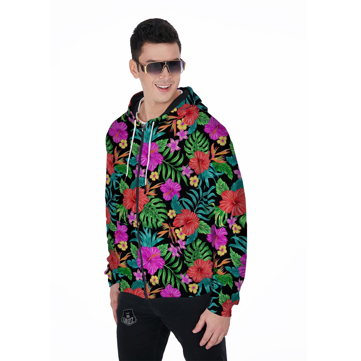 Tropical Hibiscus Floral Hawaiian Print Men's Zip Up Hoodie-grizzshop