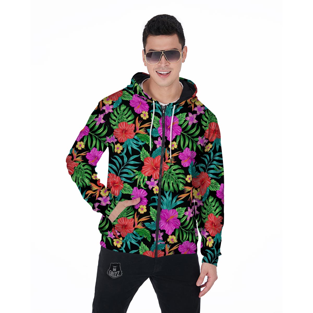 Tropical Hibiscus Floral Hawaiian Print Men's Zip Up Hoodie-grizzshop