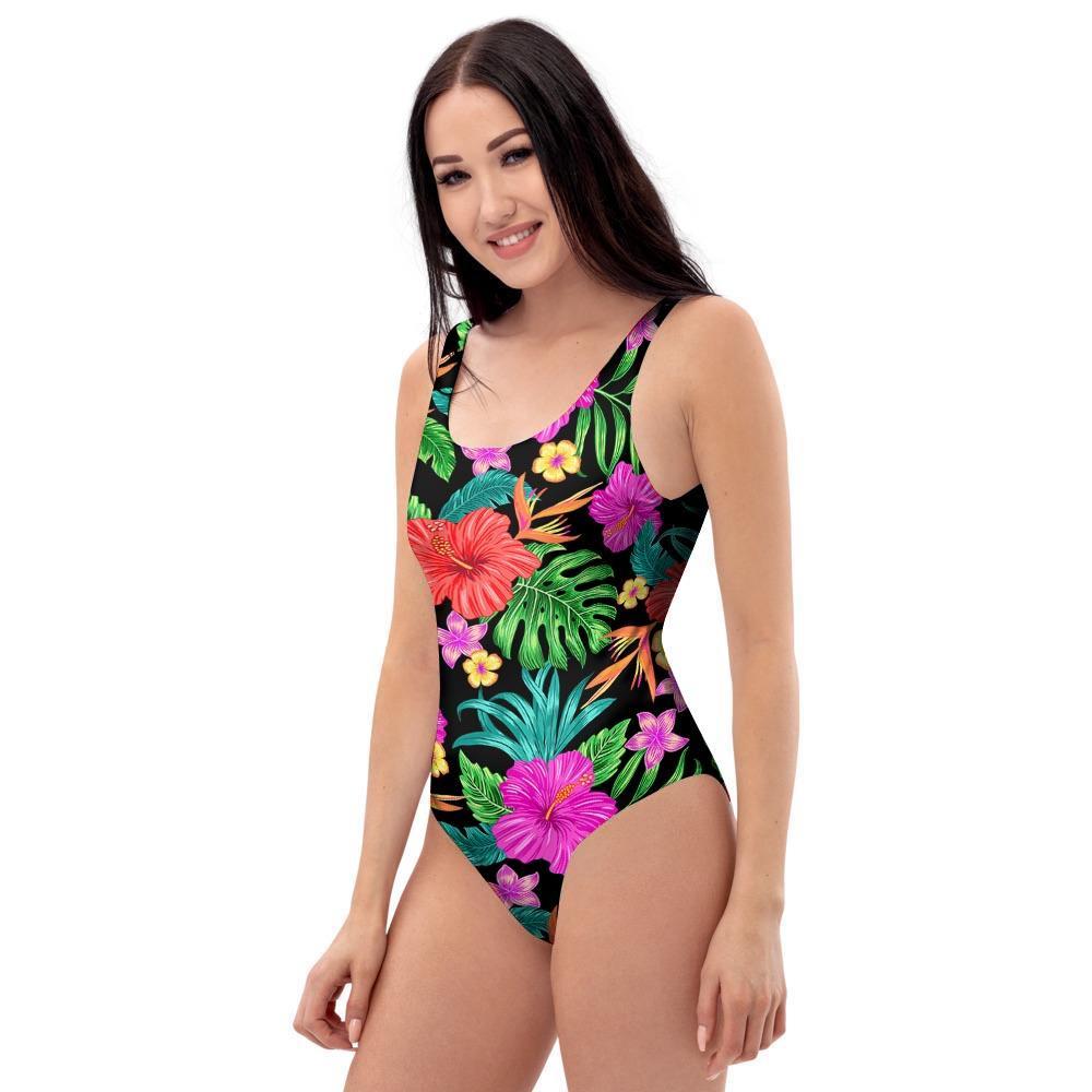 Tropical Hibiscus Floral Hawaiian Print One Piece Swimsuite-grizzshop