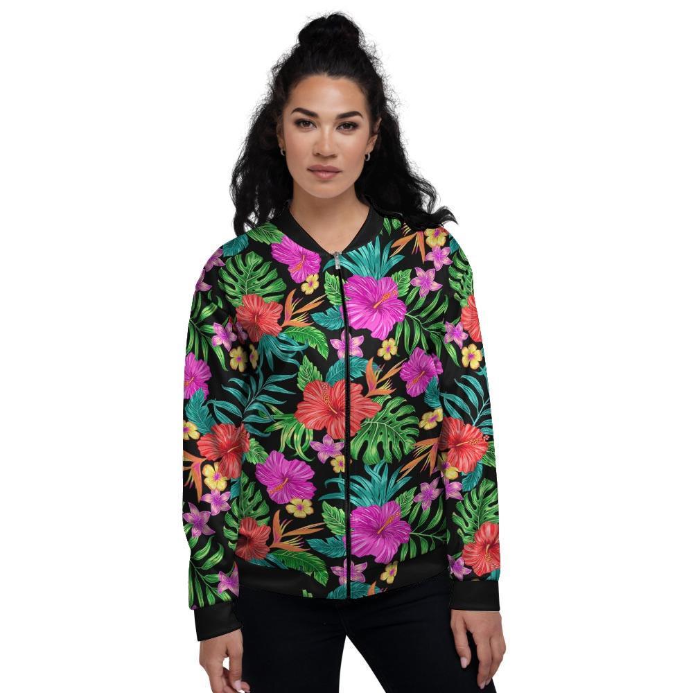 Tropical Hibiscus Floral Hawaiian Print Women's Bomber Jacket-grizzshop