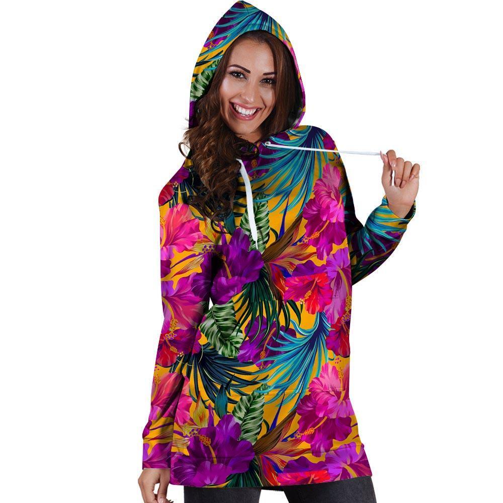 Tropical Hibiscus Flower Hawaiian Print Hoodie Dress-grizzshop