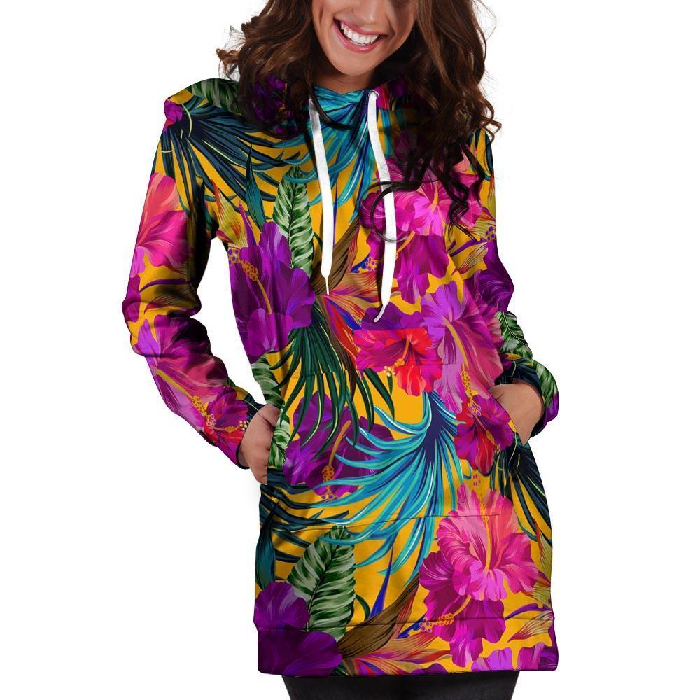 Tropical Hibiscus Flower Hawaiian Print Hoodie Dress-grizzshop