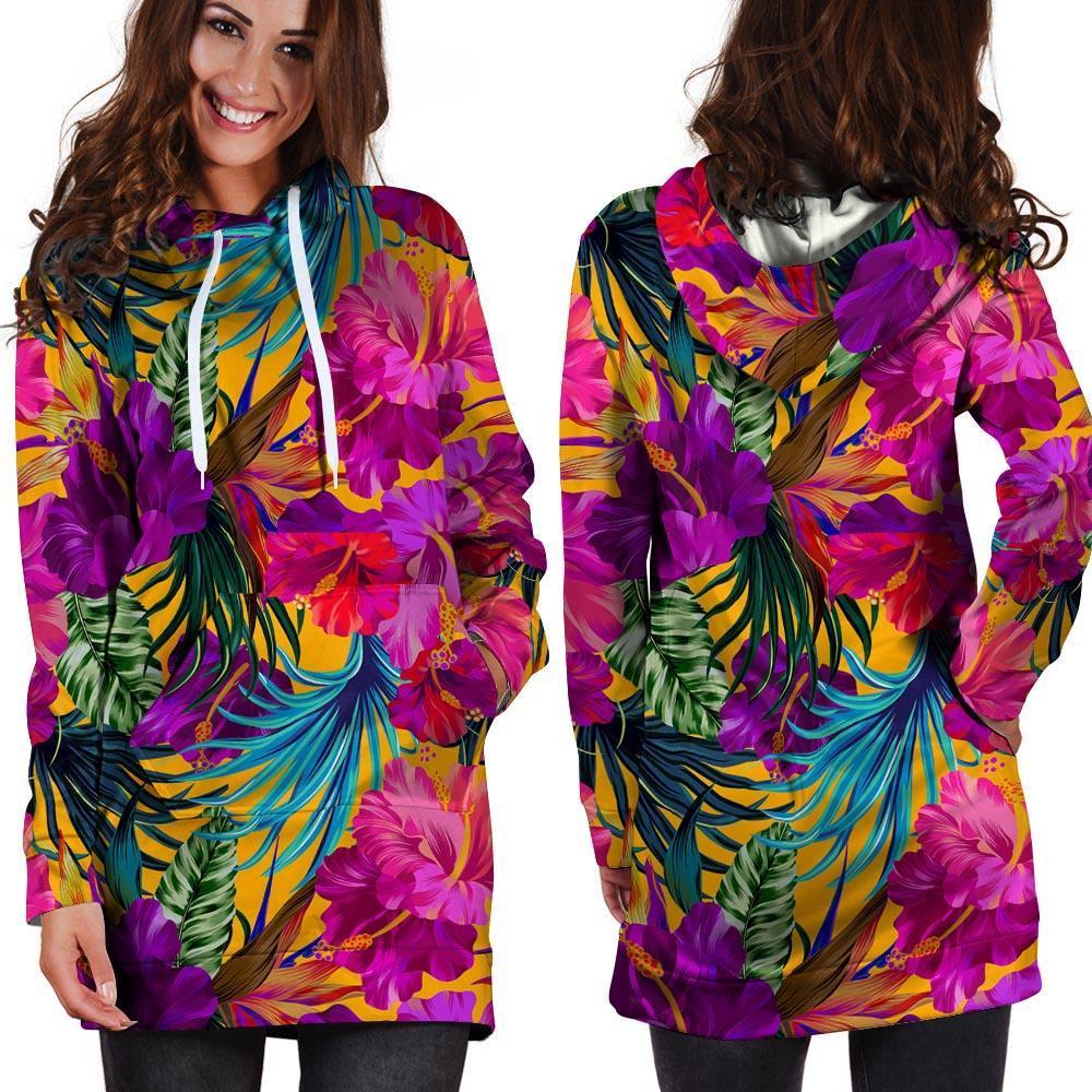 Tropical Hibiscus Flower Hawaiian Print Hoodie Dress-grizzshop