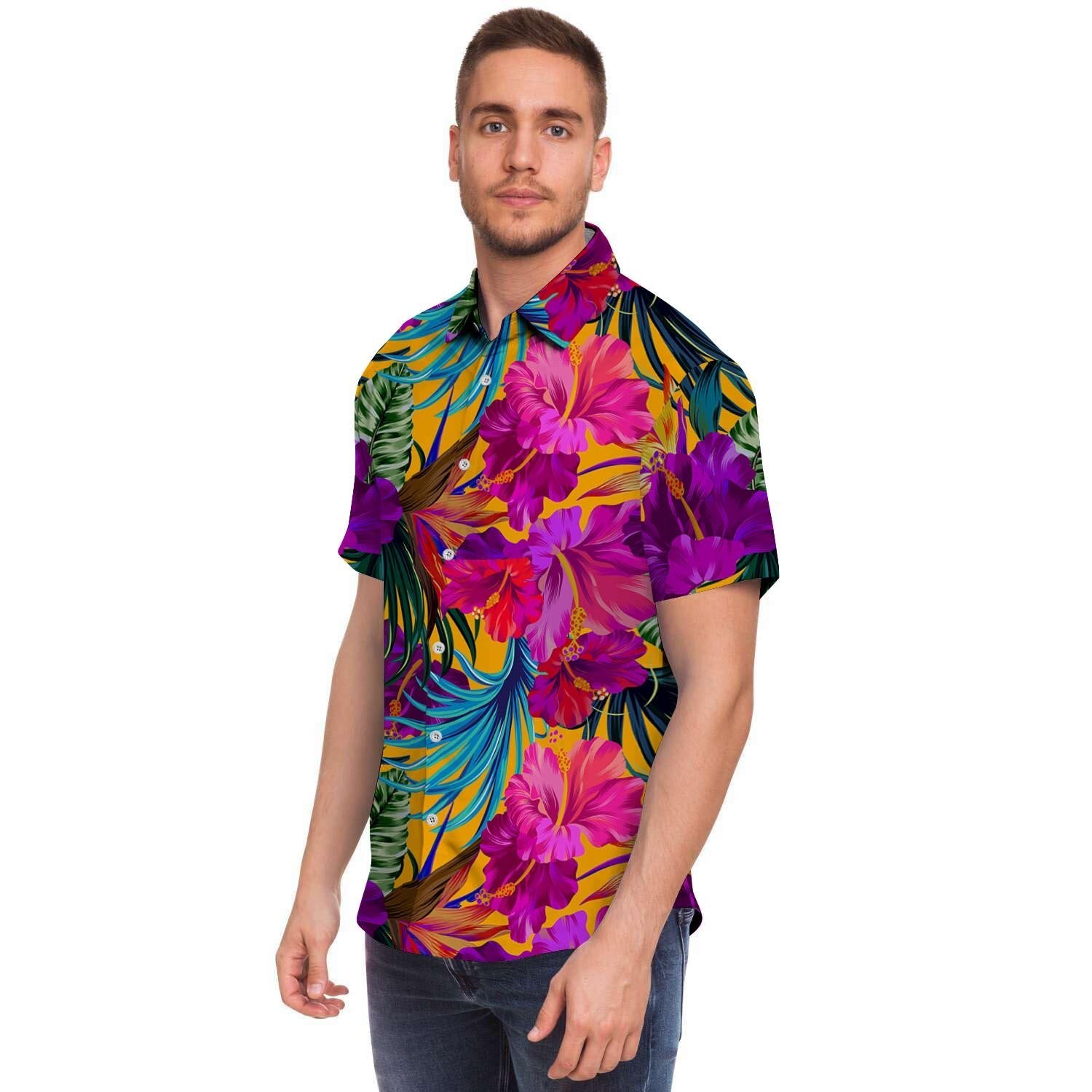 Tropical Hibiscus Flower Hawaiian Print Men's Short Sleeve Shirt-grizzshop