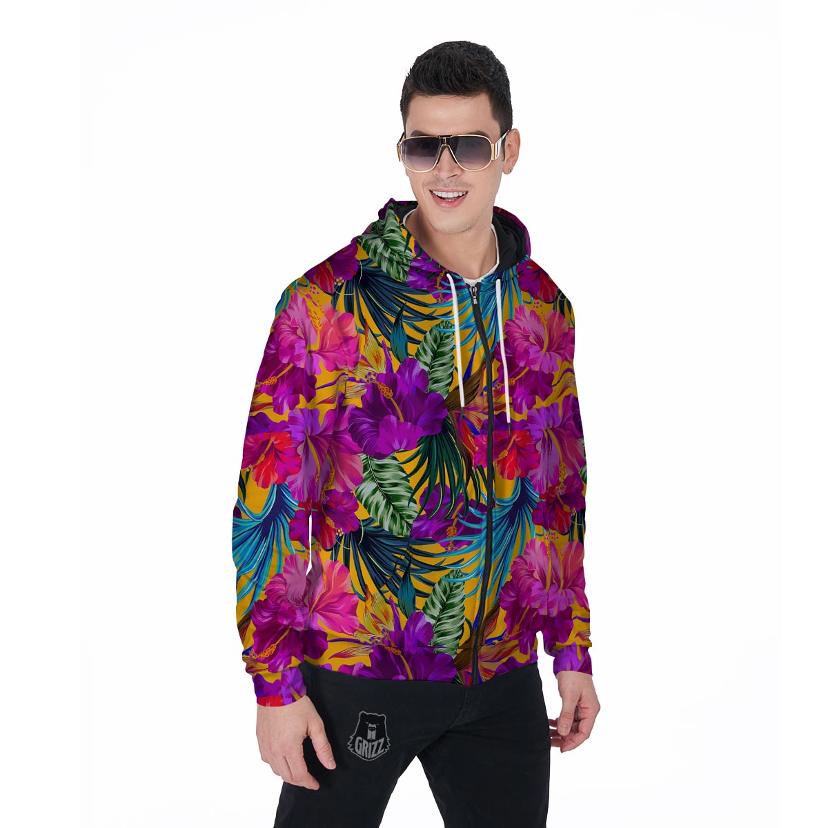 Tropical Hibiscus Flower Hawaiian Print Men's Zip Up Hoodie-grizzshop