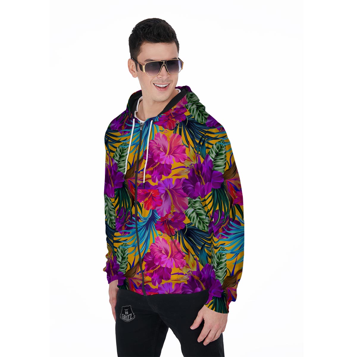 Tropical Hibiscus Flower Hawaiian Print Men's Zip Up Hoodie-grizzshop
