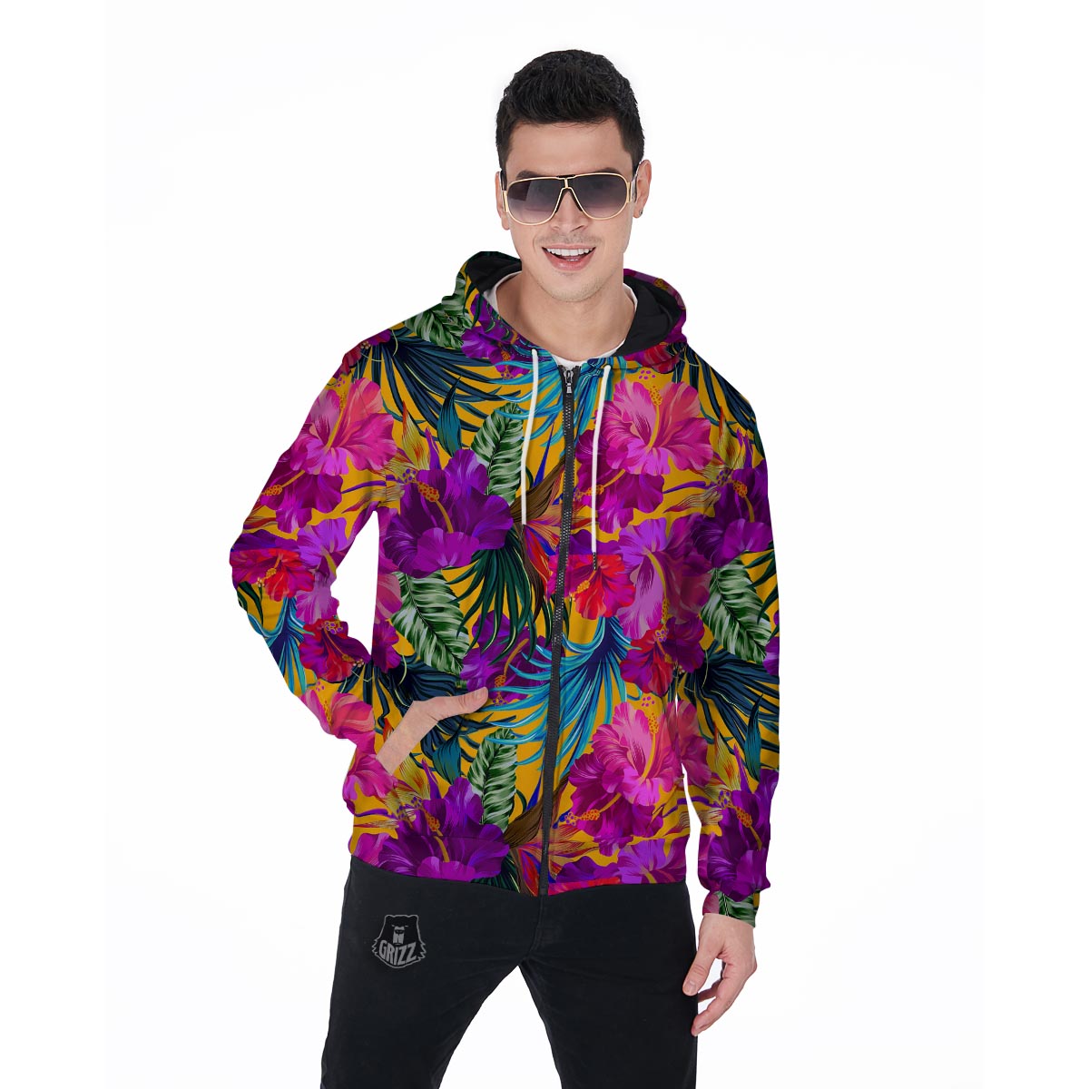Tropical Hibiscus Flower Hawaiian Print Men's Zip Up Hoodie-grizzshop