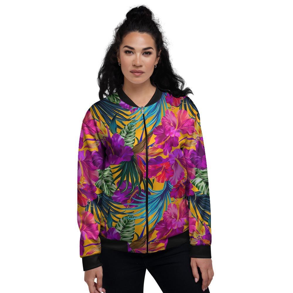 Tropical Hibiscus Flower Hawaiian Print Women's Bomber Jacket-grizzshop