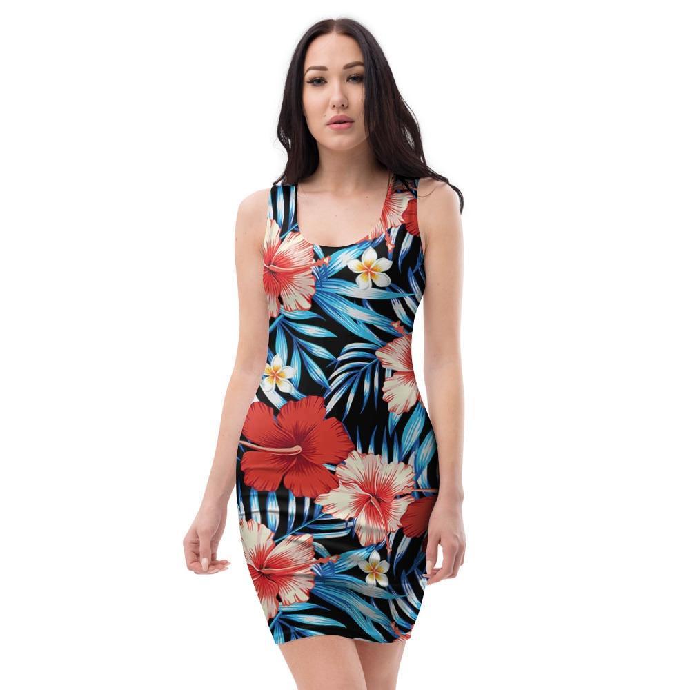 Tropical Hibiscus Flower Print Bodycon Dress-grizzshop