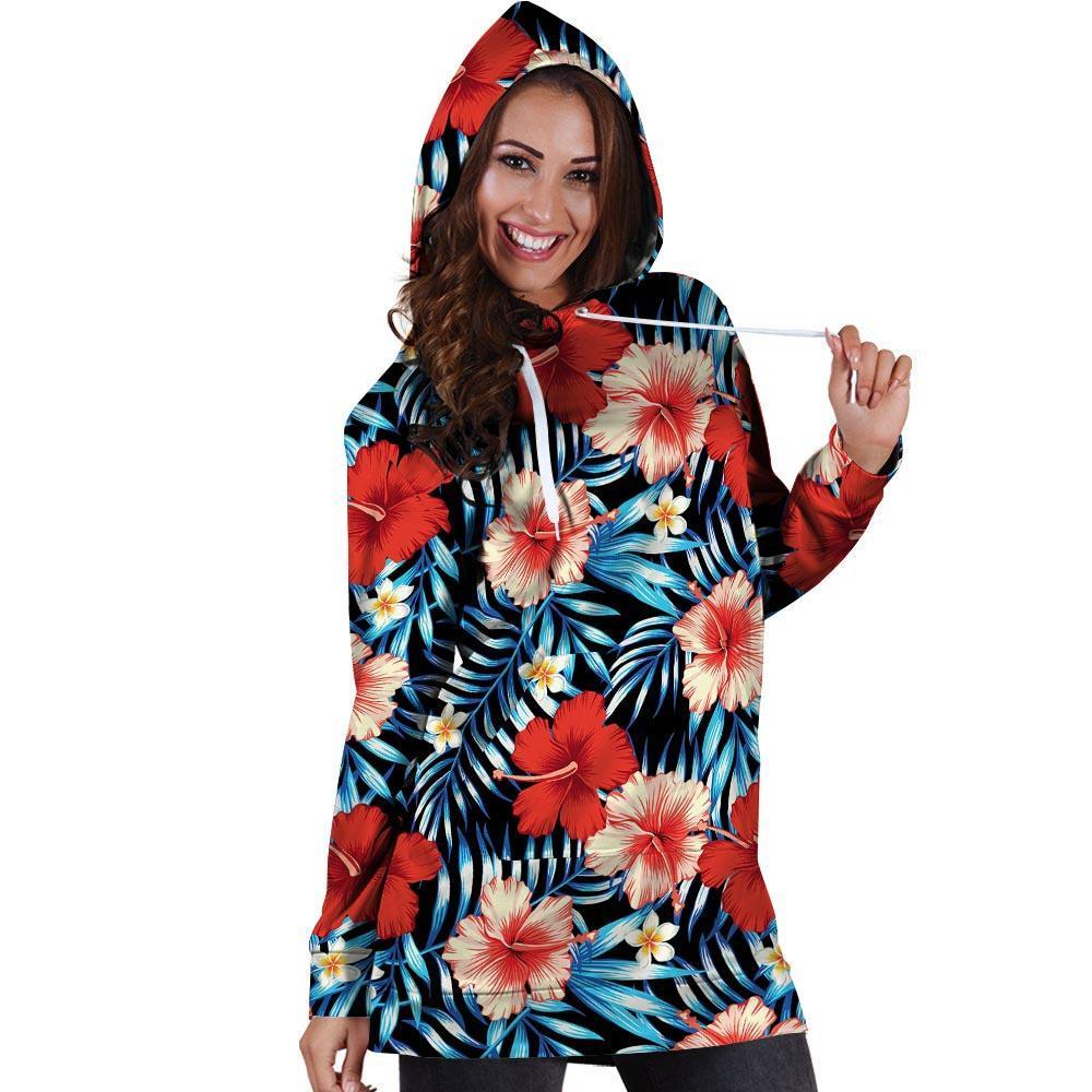 Tropical Hibiscus Flower Print Hoodie Dress-grizzshop