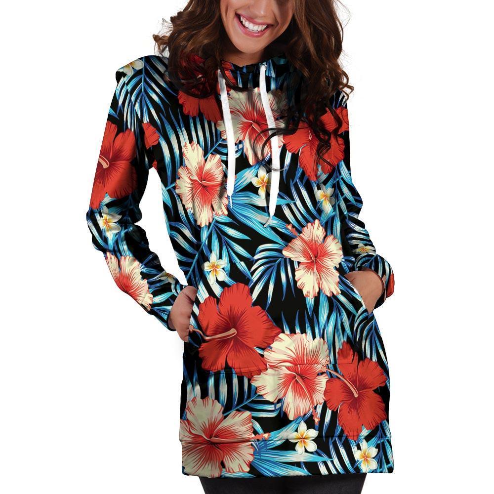 Tropical Hibiscus Flower Print Hoodie Dress-grizzshop