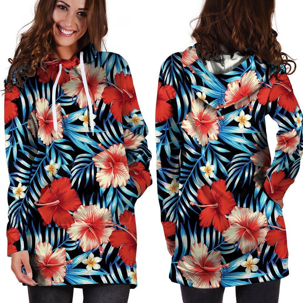 Tropical Hibiscus Flower Print Hoodie Dress-grizzshop