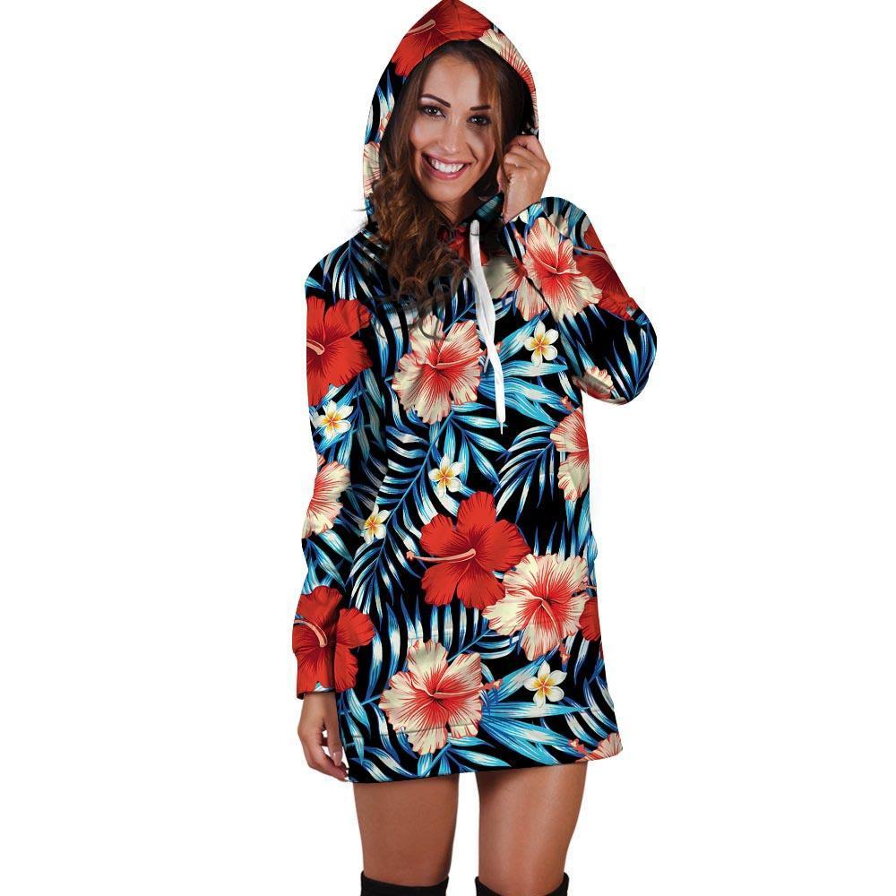 Tropical Hibiscus Flower Print Hoodie Dress-grizzshop