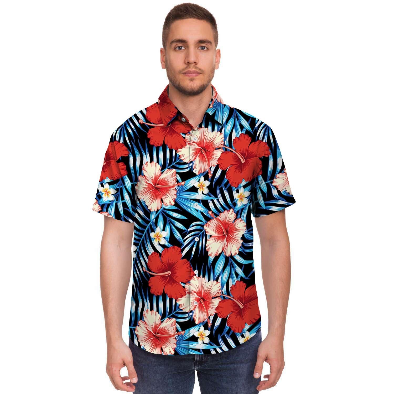 Tropical Hibiscus Flower Print Men's Short Sleeve Shirt-grizzshop