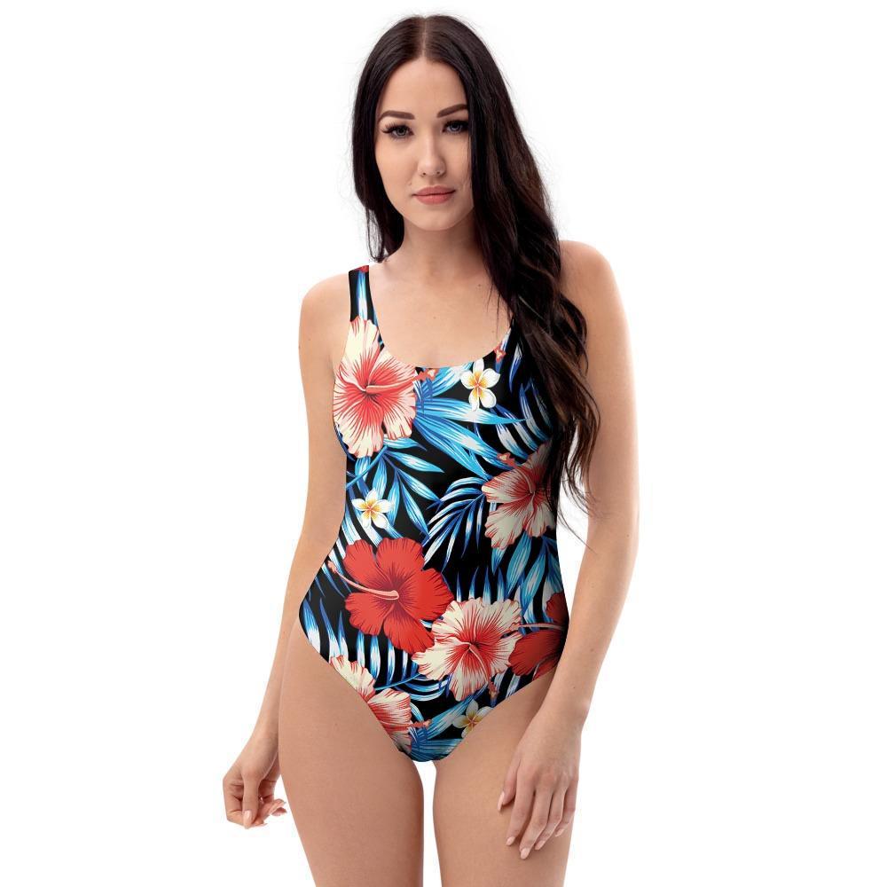 Tropical Hibiscus Flower Print One Piece Swimsuite-grizzshop