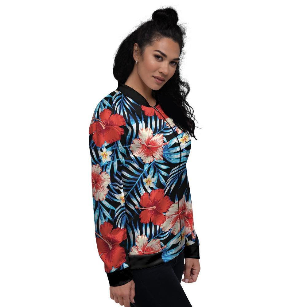 Tropical Hibiscus Flower Print Women's Bomber Jacket-grizzshop