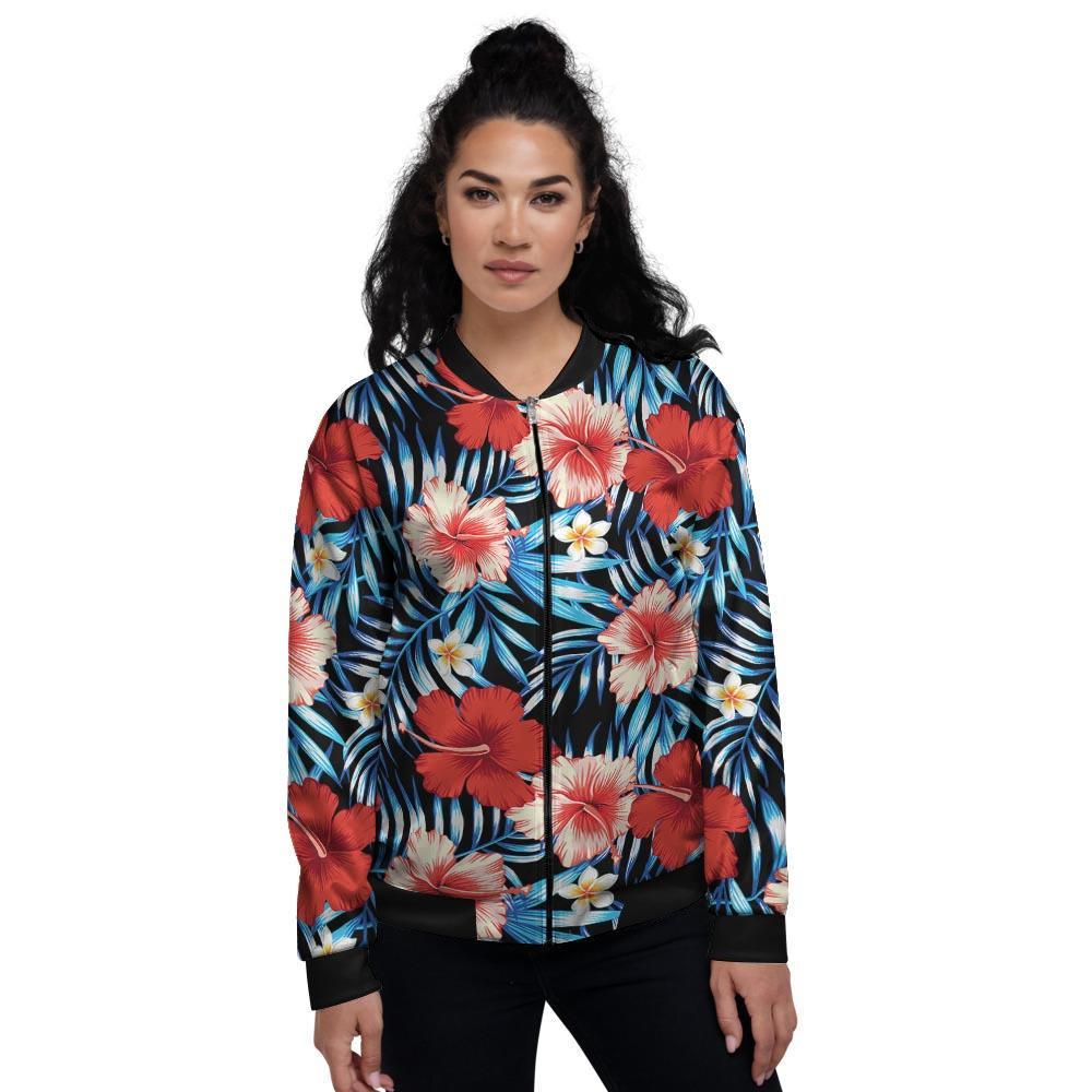 Tropical Hibiscus Flower Print Women's Bomber Jacket-grizzshop