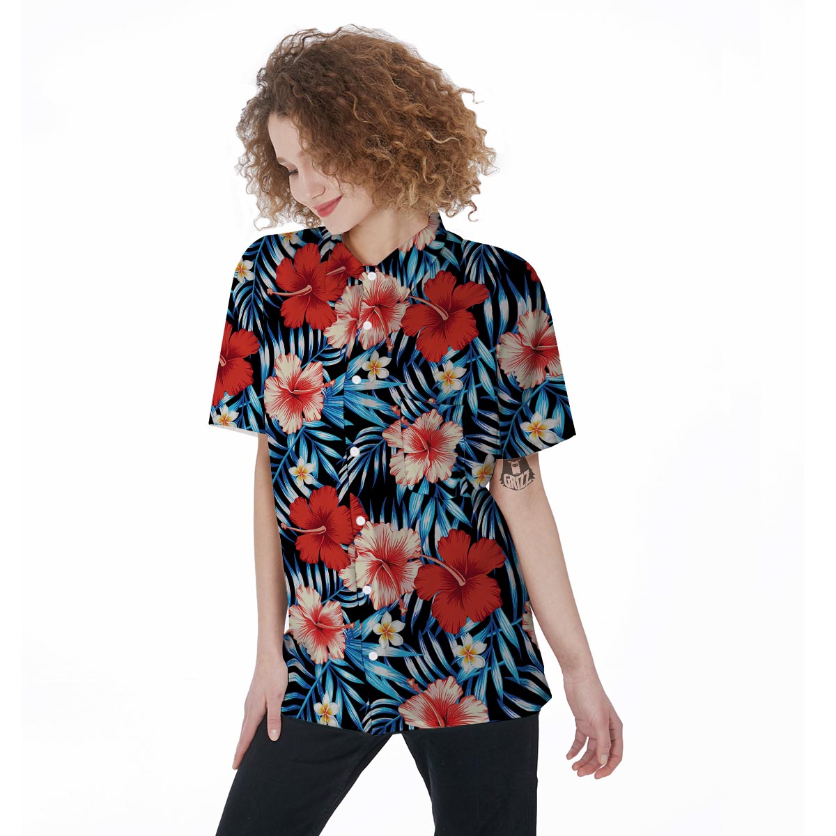 Tropical Hibiscus Flower Print Women's Short Sleeve Shirts-grizzshop