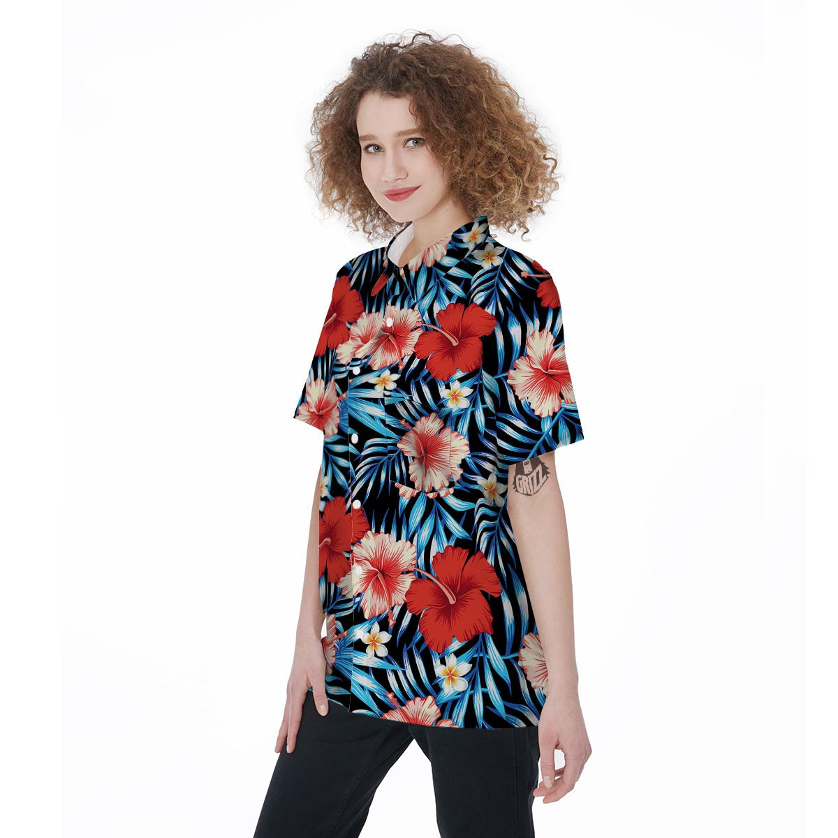 Tropical Hibiscus Flower Print Women's Short Sleeve Shirts-grizzshop