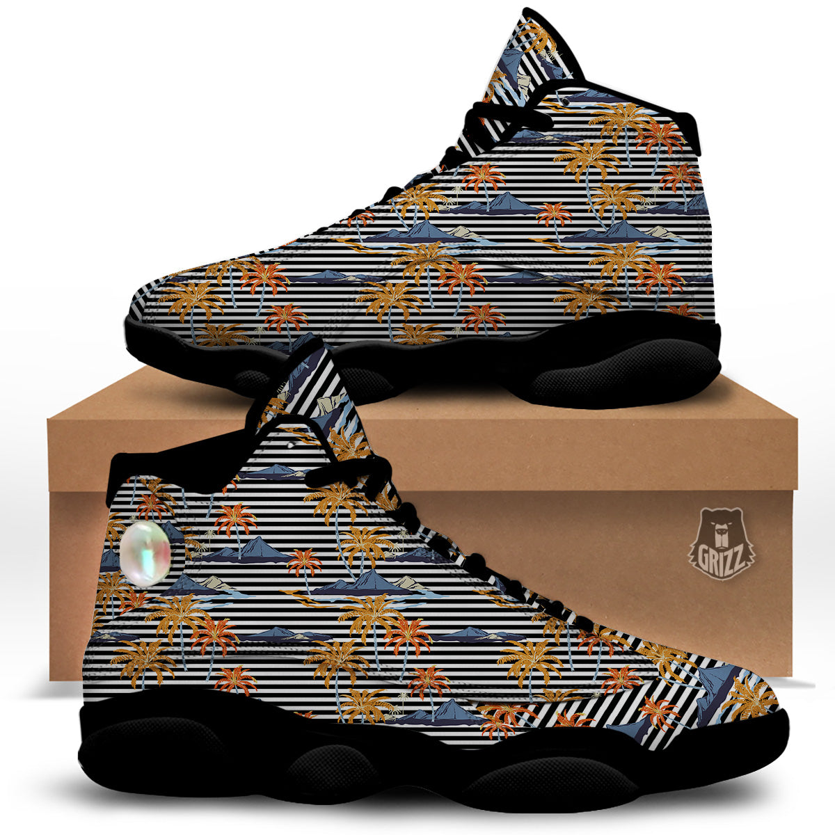 Tropical Island And Stripes Print Pattern Black Basketball Shoes-grizzshop