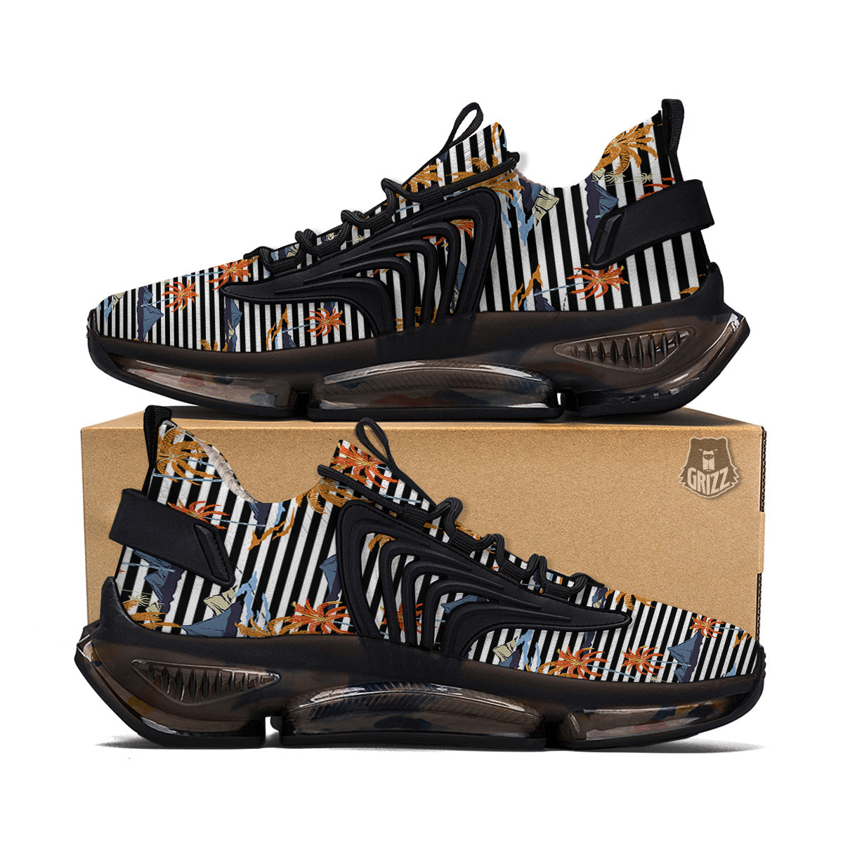 Tropical Island And Stripes Print Pattern Black Gym Shoes-grizzshop