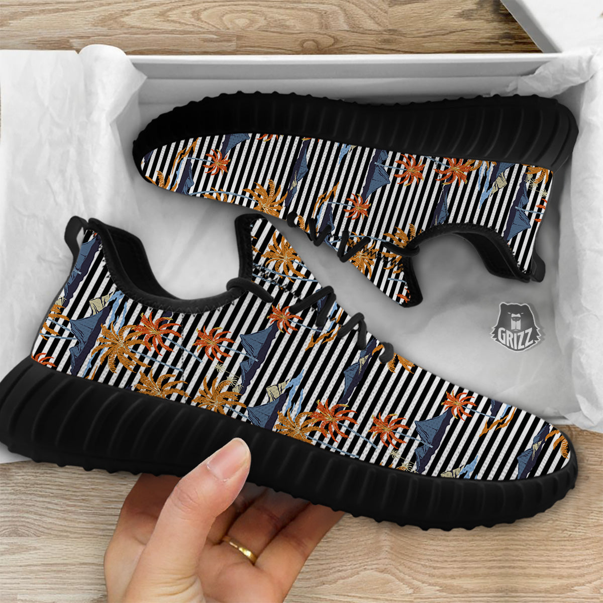 Tropical Island And Stripes Print Pattern Black Walking Shoes-grizzshop