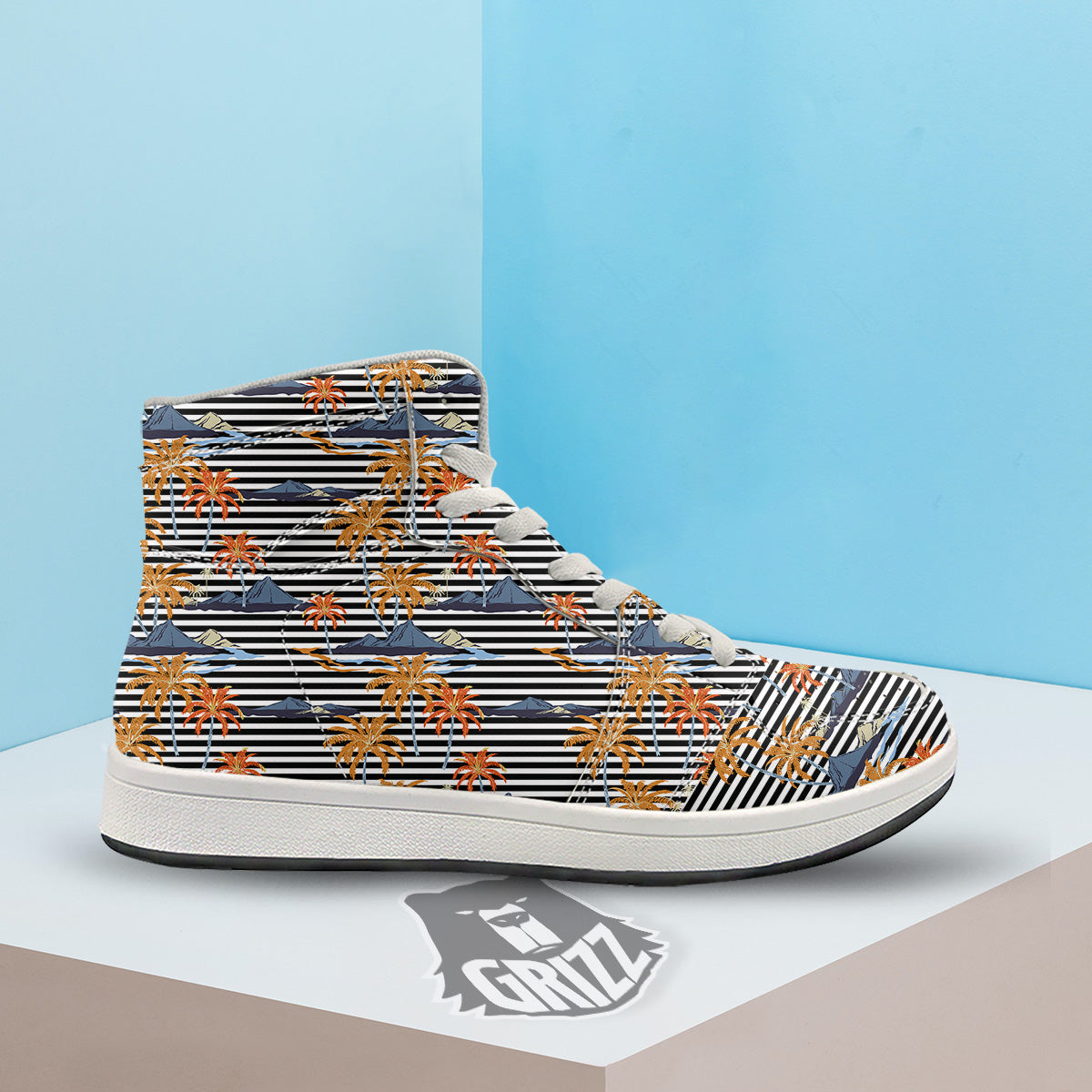 Tropical Island And Stripes Print Pattern High Top Sneakers-grizzshop