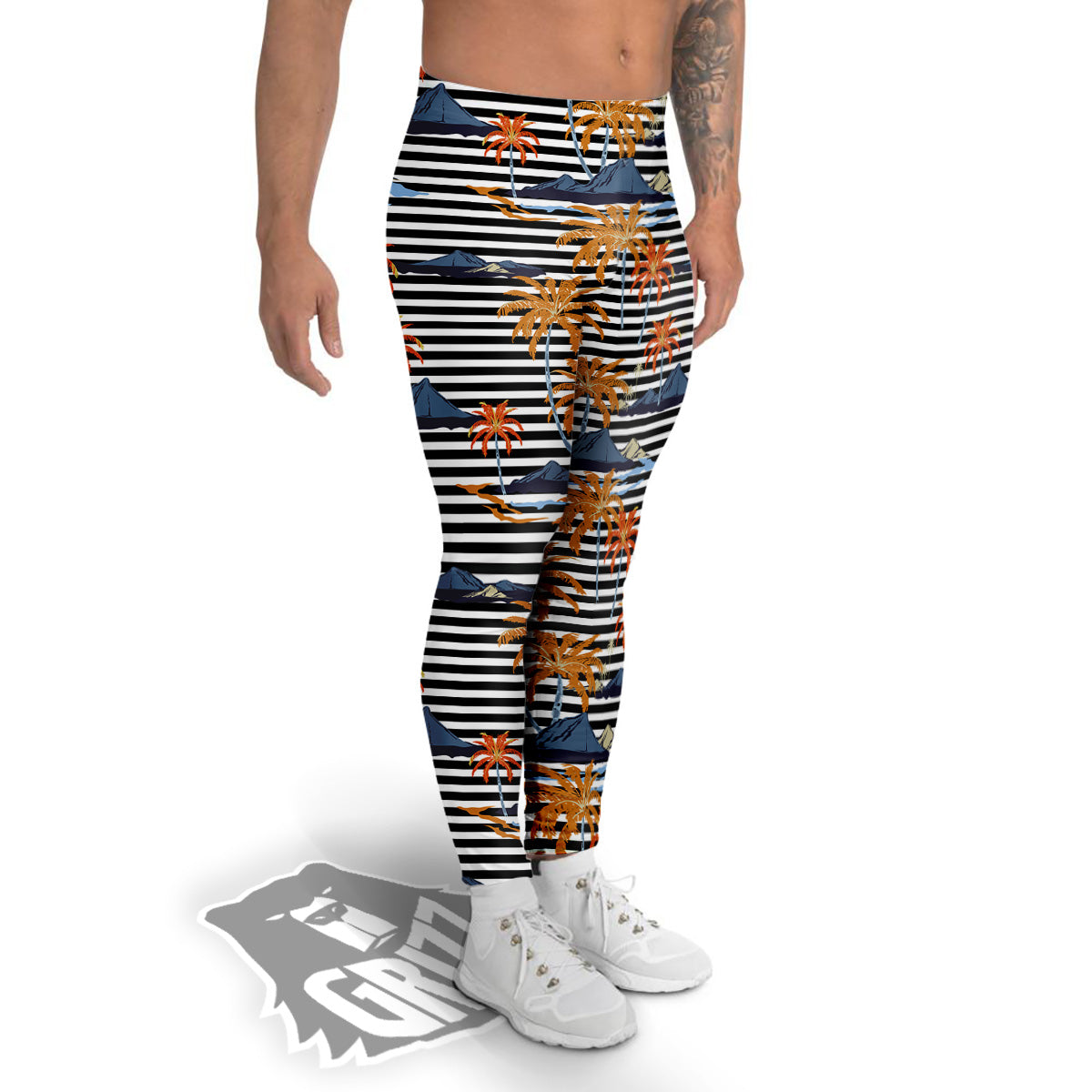 Tropical Island And Stripes Print Pattern Men's Leggings-grizzshop