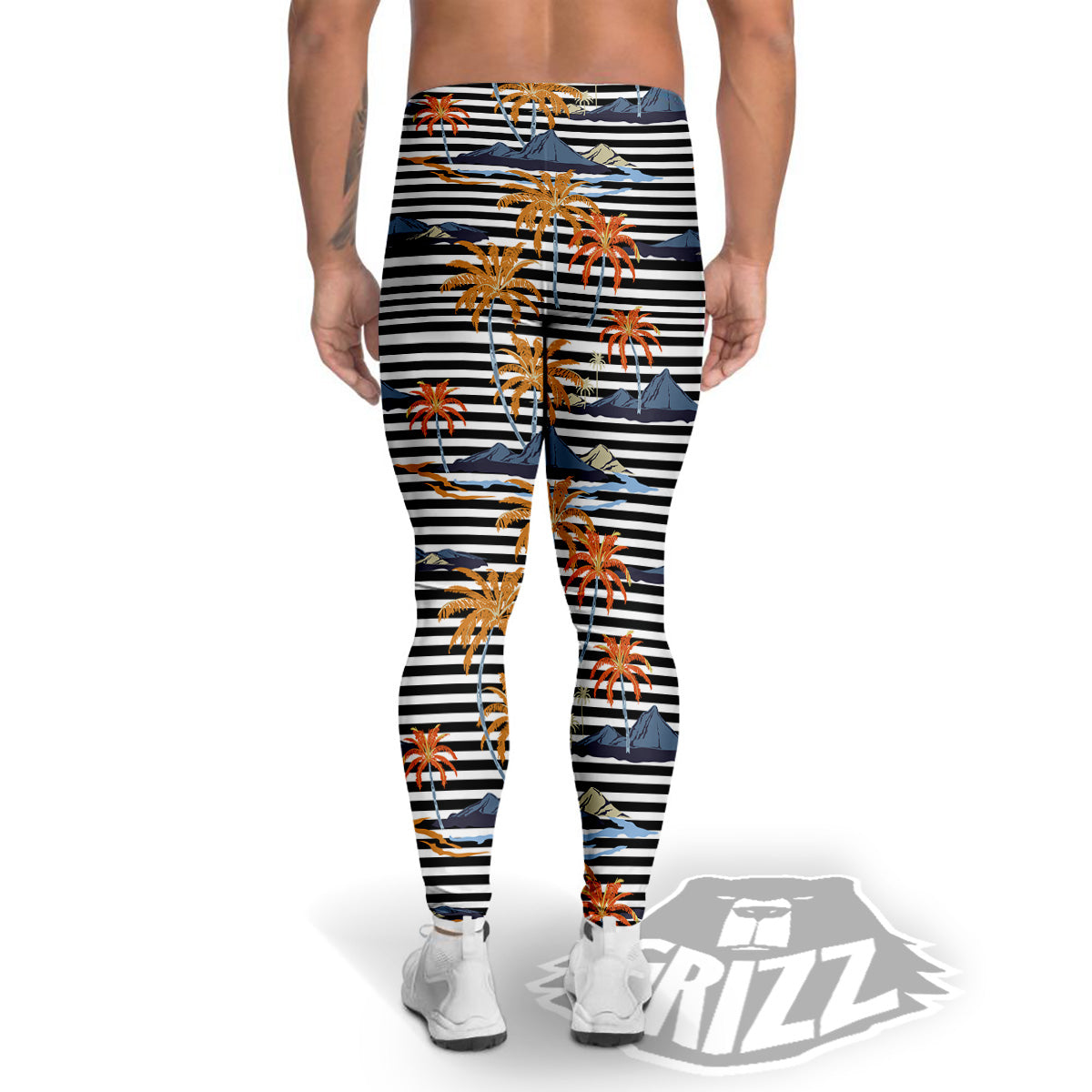 Tropical Island And Stripes Print Pattern Men's Leggings-grizzshop