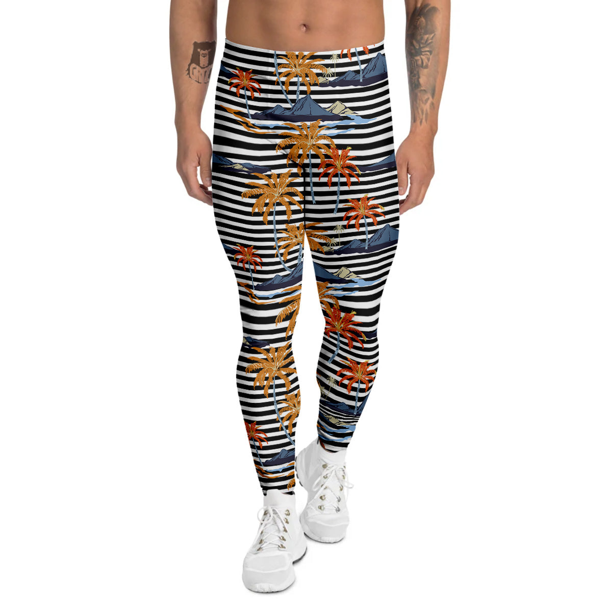 Tropical Island And Stripes Print Pattern Men's Leggings-grizzshop