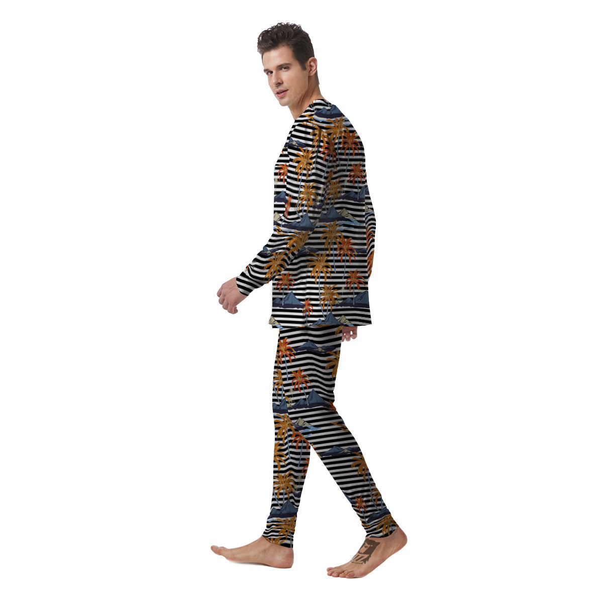 Tropical Island And Stripes Print Pattern Men's Pajamas-grizzshop