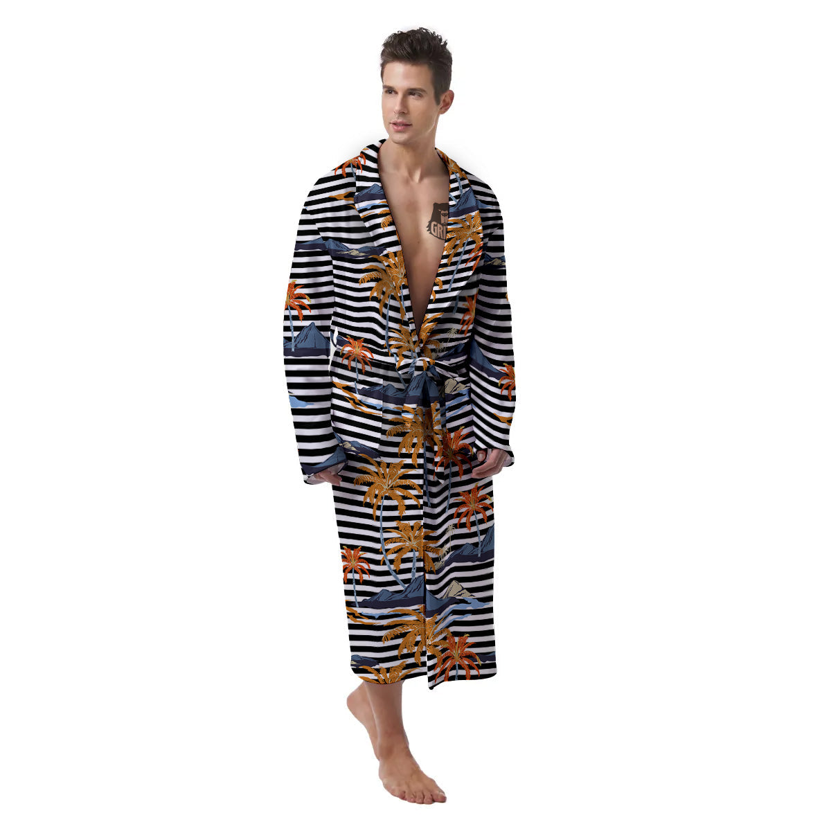 Tropical Island And Stripes Print Pattern Men's Robe-grizzshop