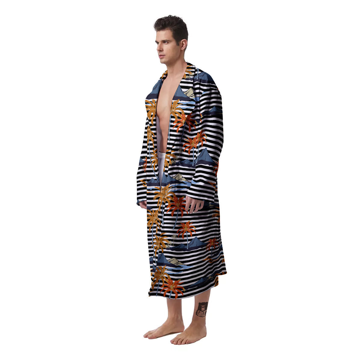 Tropical Island And Stripes Print Pattern Men's Robe-grizzshop