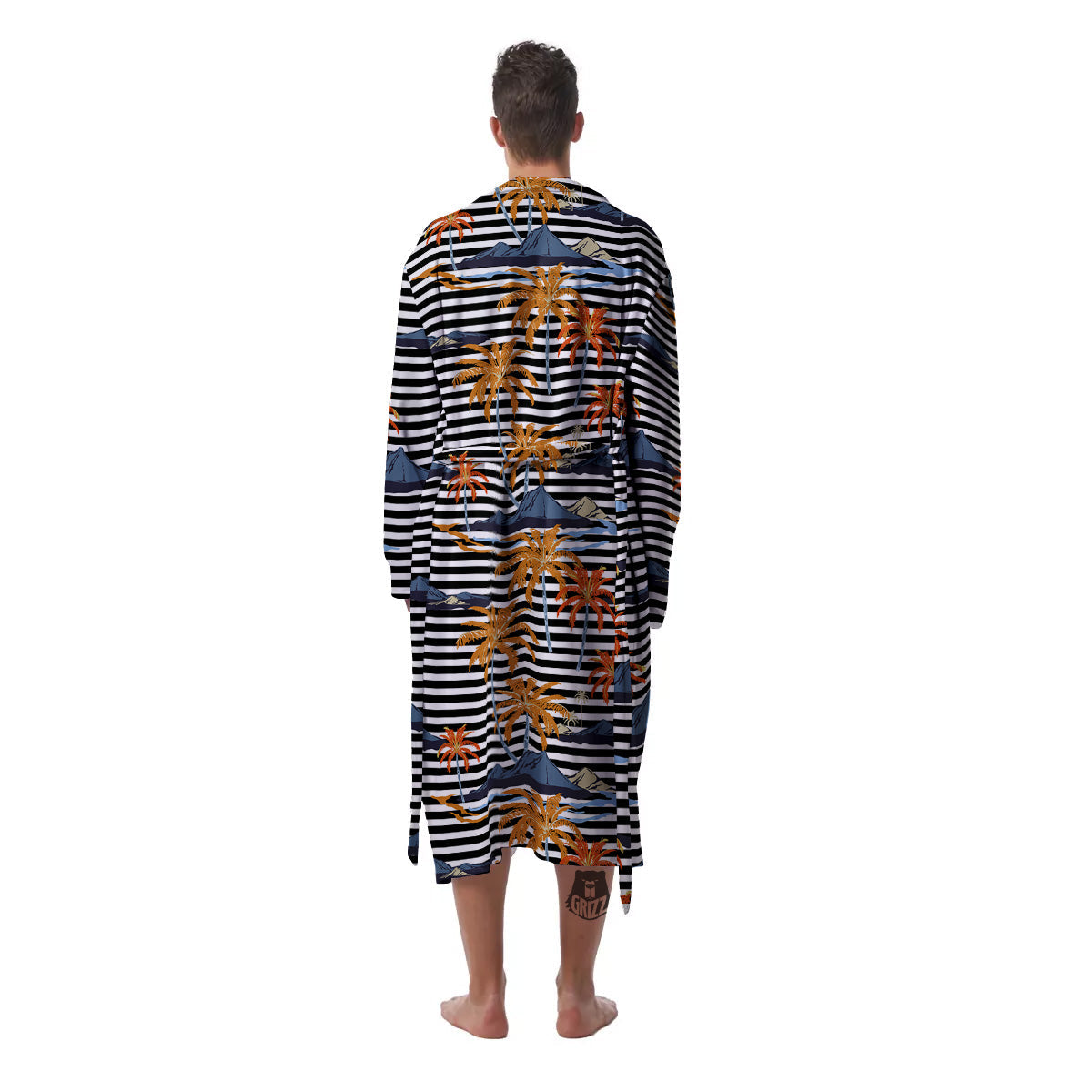 Tropical Island And Stripes Print Pattern Men's Robe-grizzshop