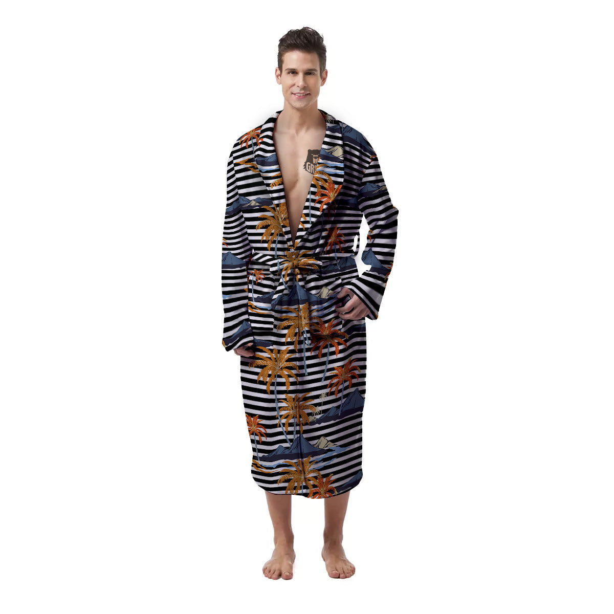 Tropical Island And Stripes Print Pattern Men's Robe-grizzshop