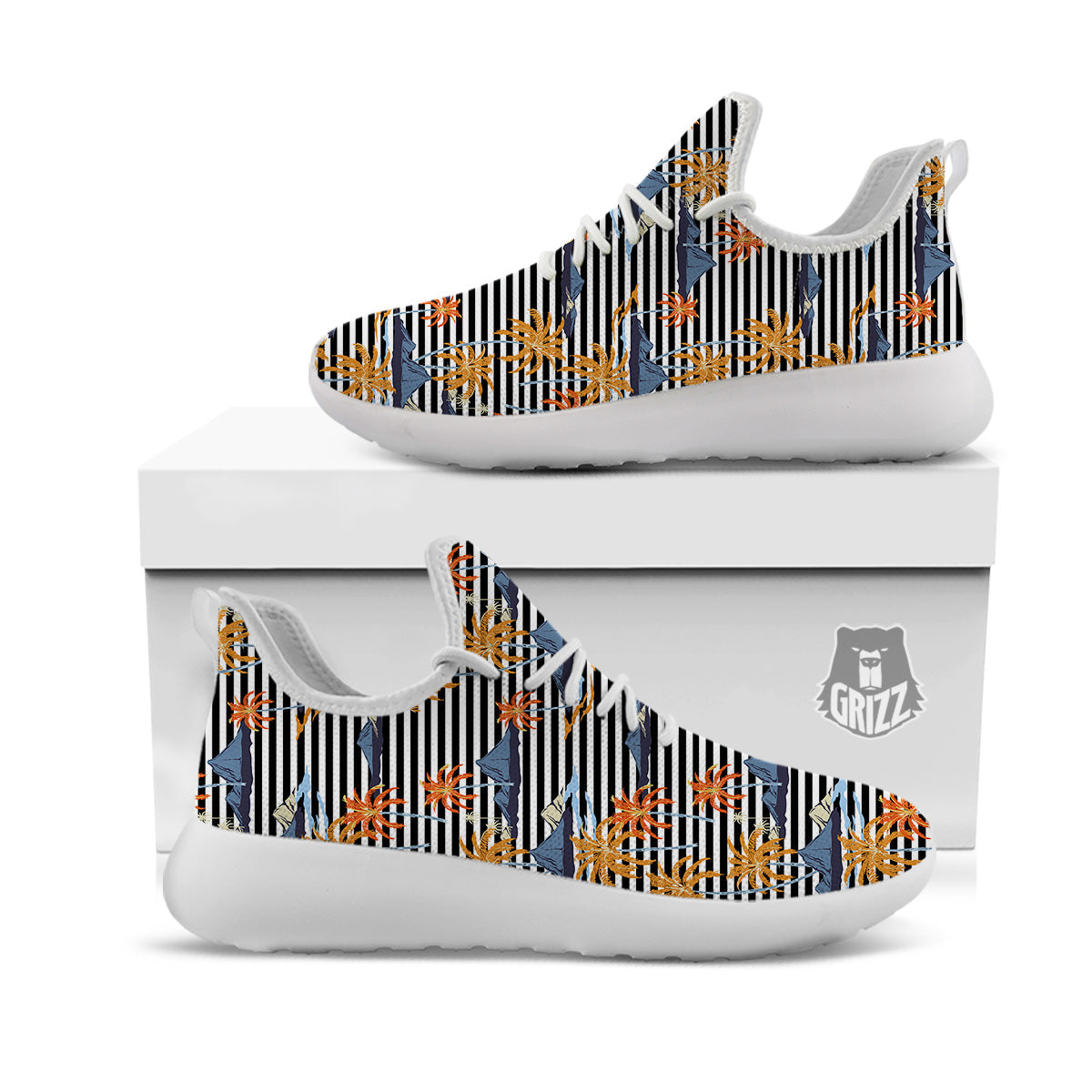 Tropical Island And Stripes Print Pattern White Athletic Shoes-grizzshop