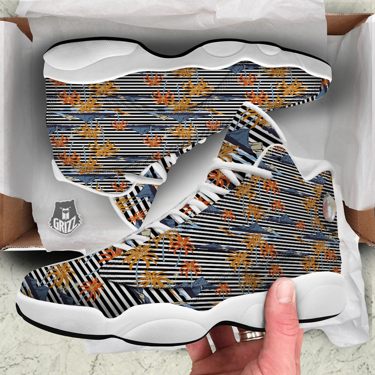 Tropical Island And Stripes Print Pattern White Basketball Shoes-grizzshop
