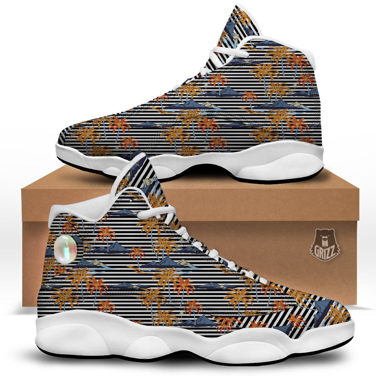 Tropical Island And Stripes Print Pattern White Basketball Shoes-grizzshop
