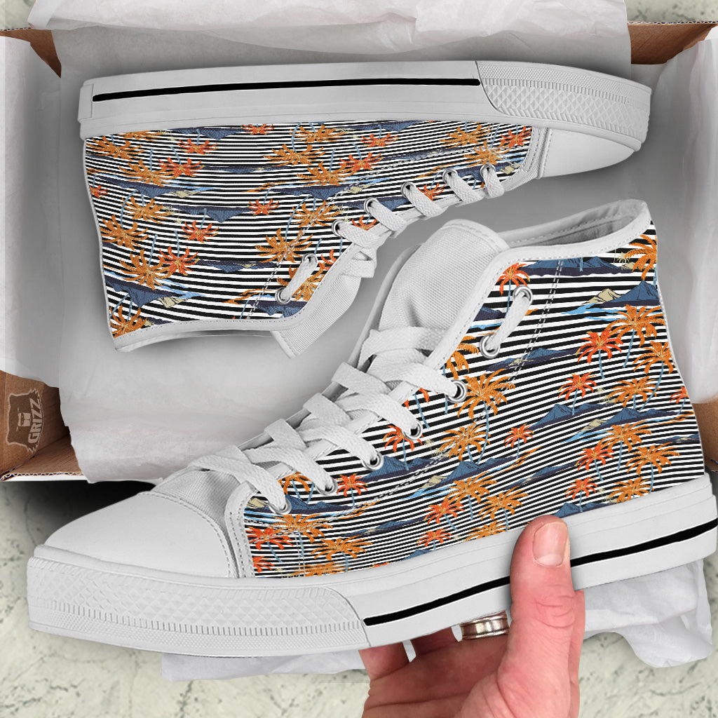 Tropical Island And Stripes Print Pattern White High Top Shoes-grizzshop