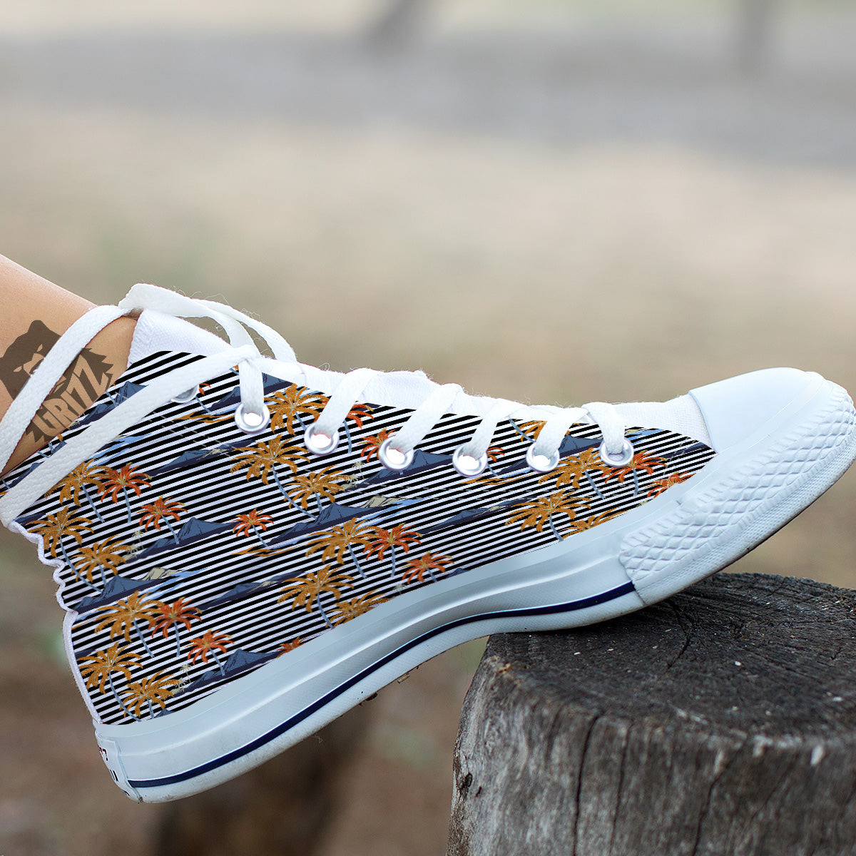 Tropical Island And Stripes Print Pattern White High Top Shoes-grizzshop