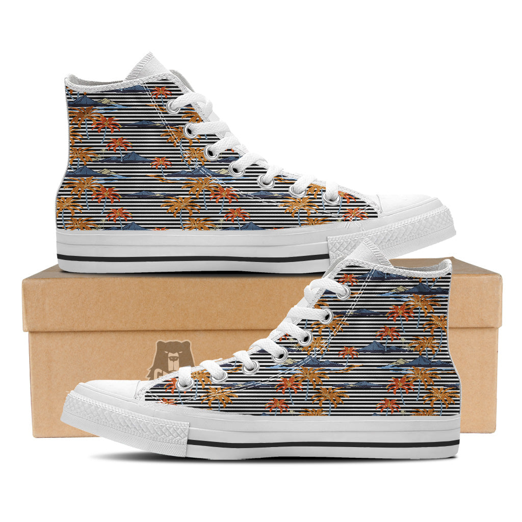 Tropical Island And Stripes Print Pattern White High Top Shoes-grizzshop