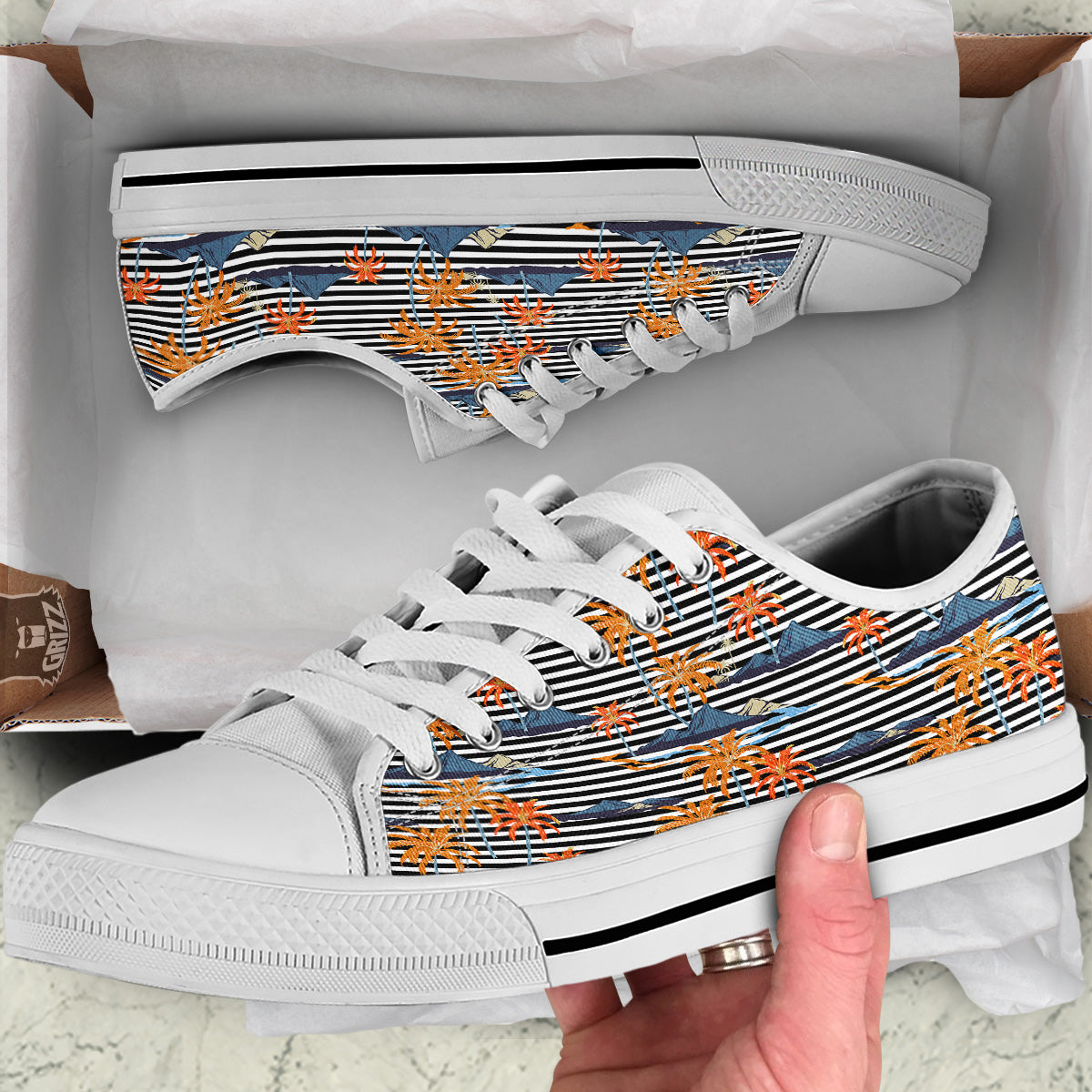 Tropical Island And Stripes Print Pattern White Low Top Shoes-grizzshop