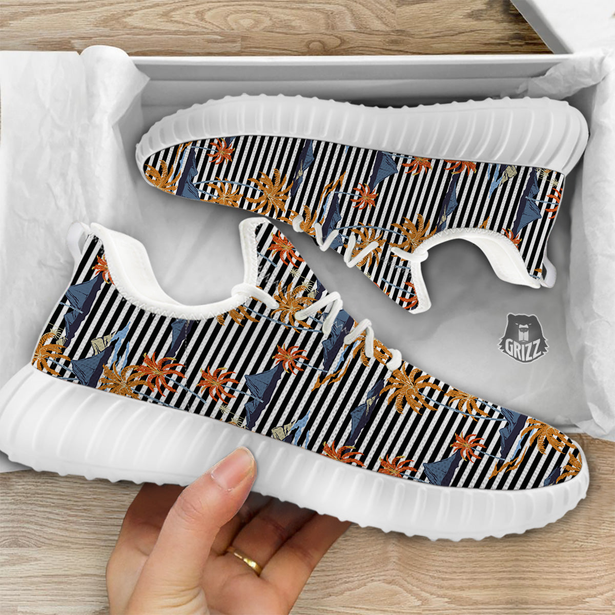 Tropical Island And Stripes Print Pattern White Walking Shoes-grizzshop