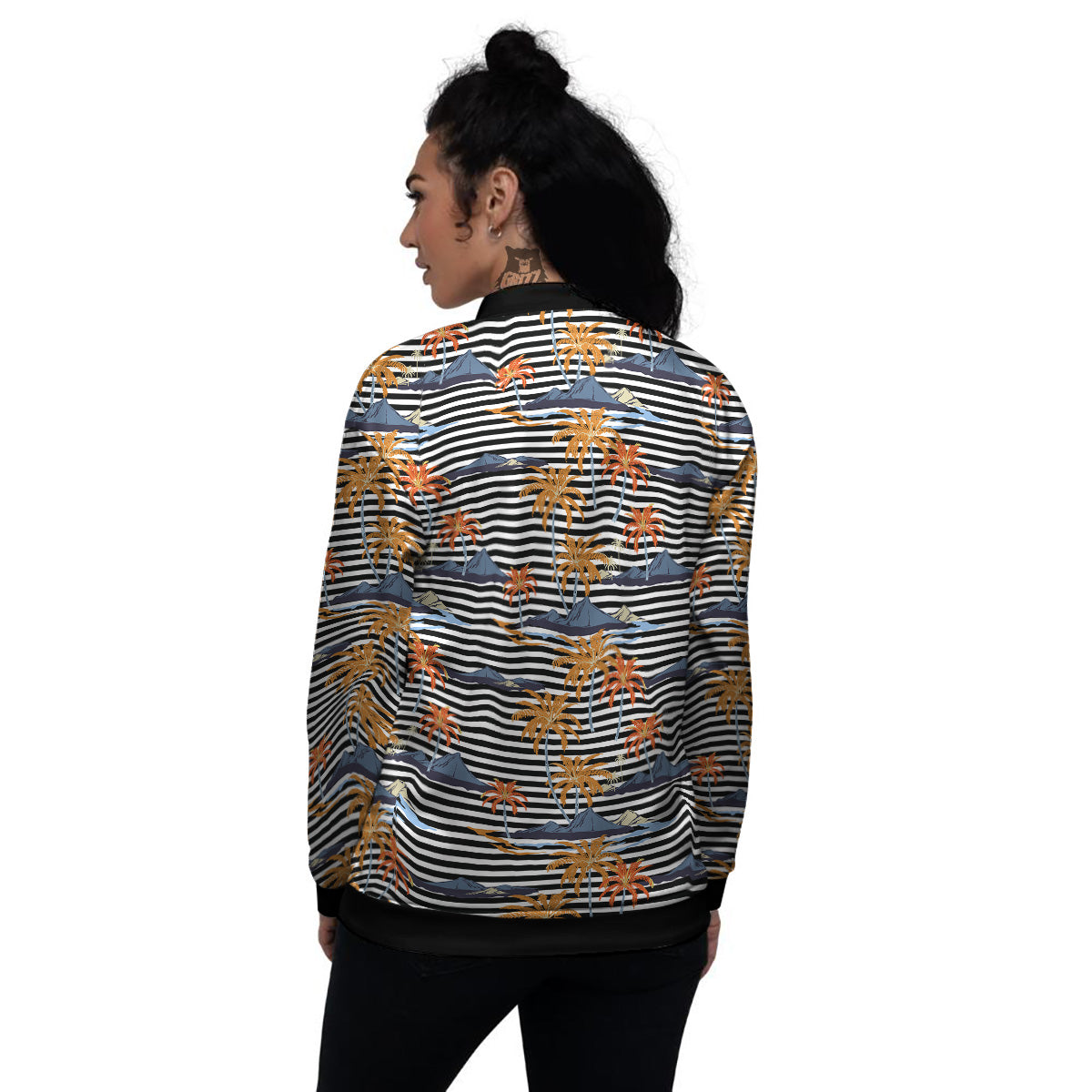 Tropical Island And Stripes Print Pattern Women's Bomber Jacket-grizzshop