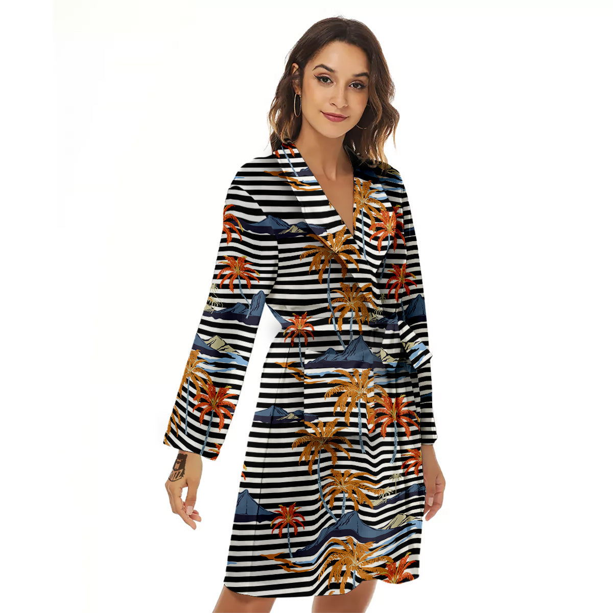 Tropical Island And Stripes Print Pattern Women's Robe-grizzshop