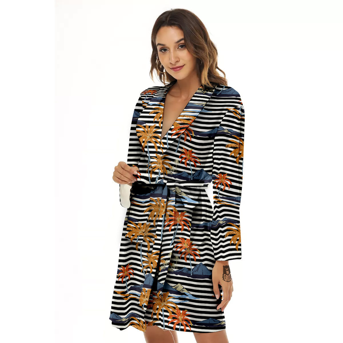 Tropical Island And Stripes Print Pattern Women's Robe-grizzshop
