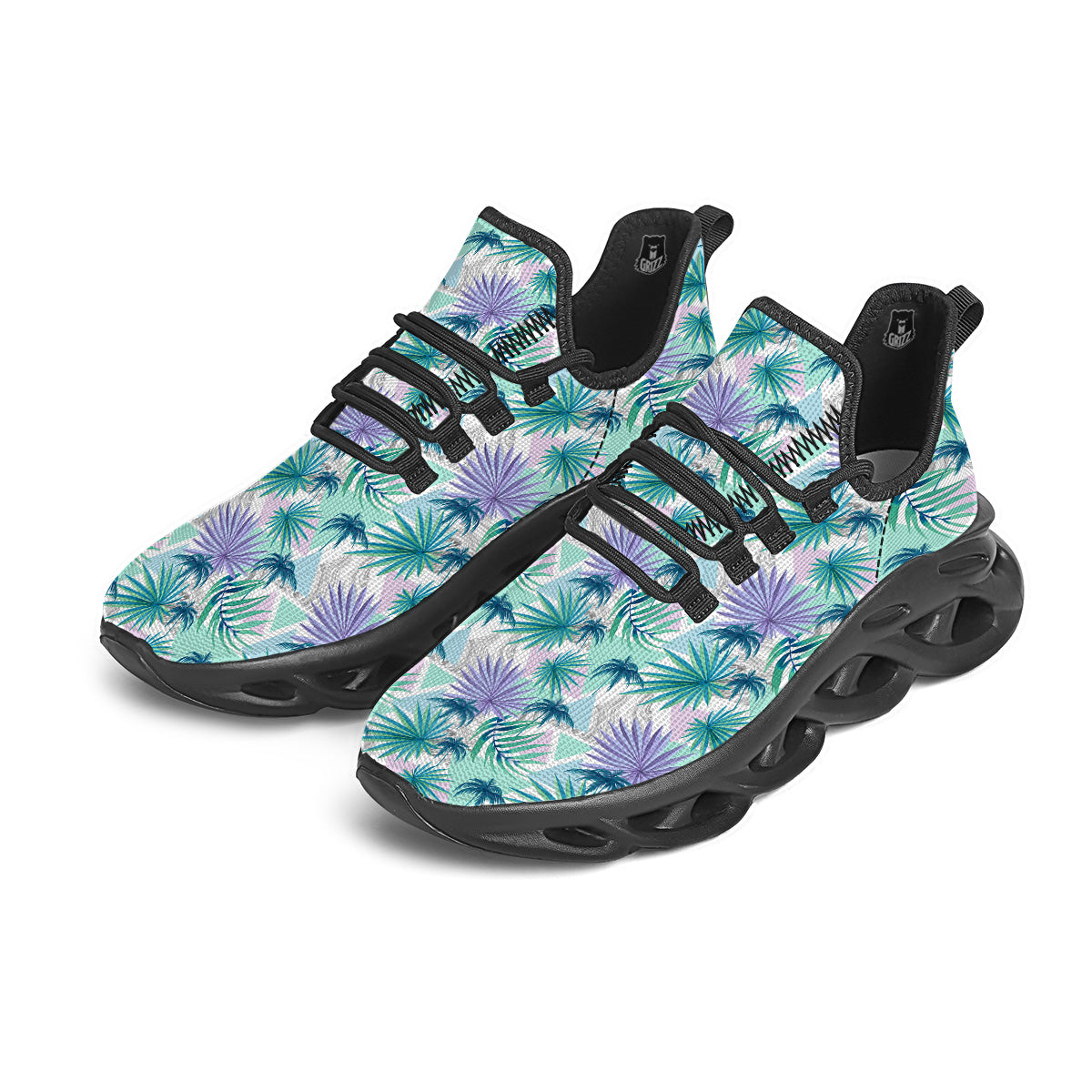 Tropical Leaf And Triangles Pastel Print Pattern Black Running Shoes-grizzshop