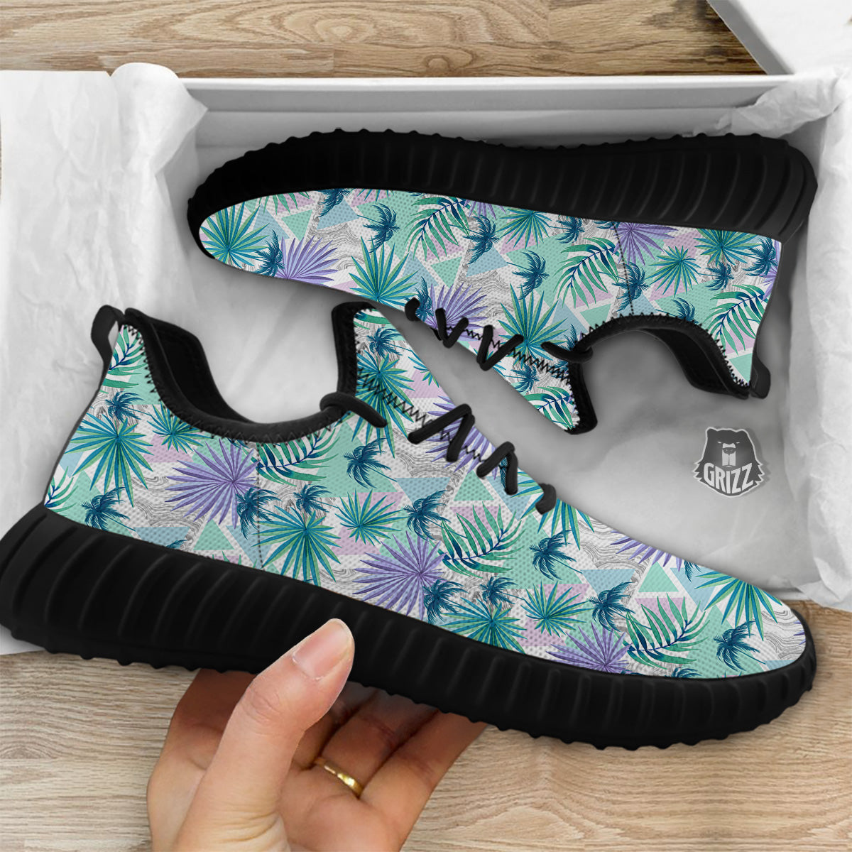 Tropical Leaf And Triangles Pastel Print Pattern Black Walking Shoes-grizzshop