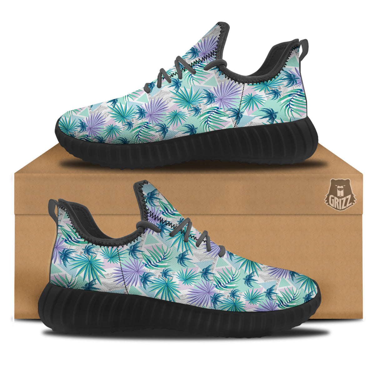 Tropical Leaf And Triangles Pastel Print Pattern Black Walking Shoes-grizzshop